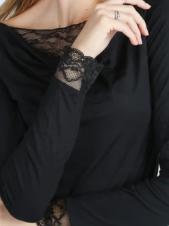 Solada T-shirt donna a maniche lunghe con doppio scollo e dettagli in pizzo - nero