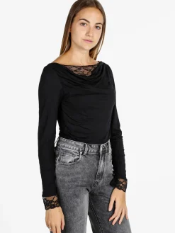 Solada T-shirt donna a maniche lunghe con doppio scollo e dettagli in pizzo - nero