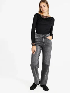 Solada T-shirt donna a maniche lunghe con doppio scollo e dettagli in pizzo - nero