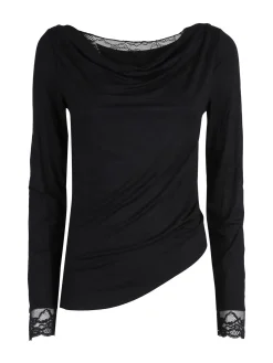 Solada T-shirt donna a maniche lunghe con doppio scollo e dettagli in pizzo - nero