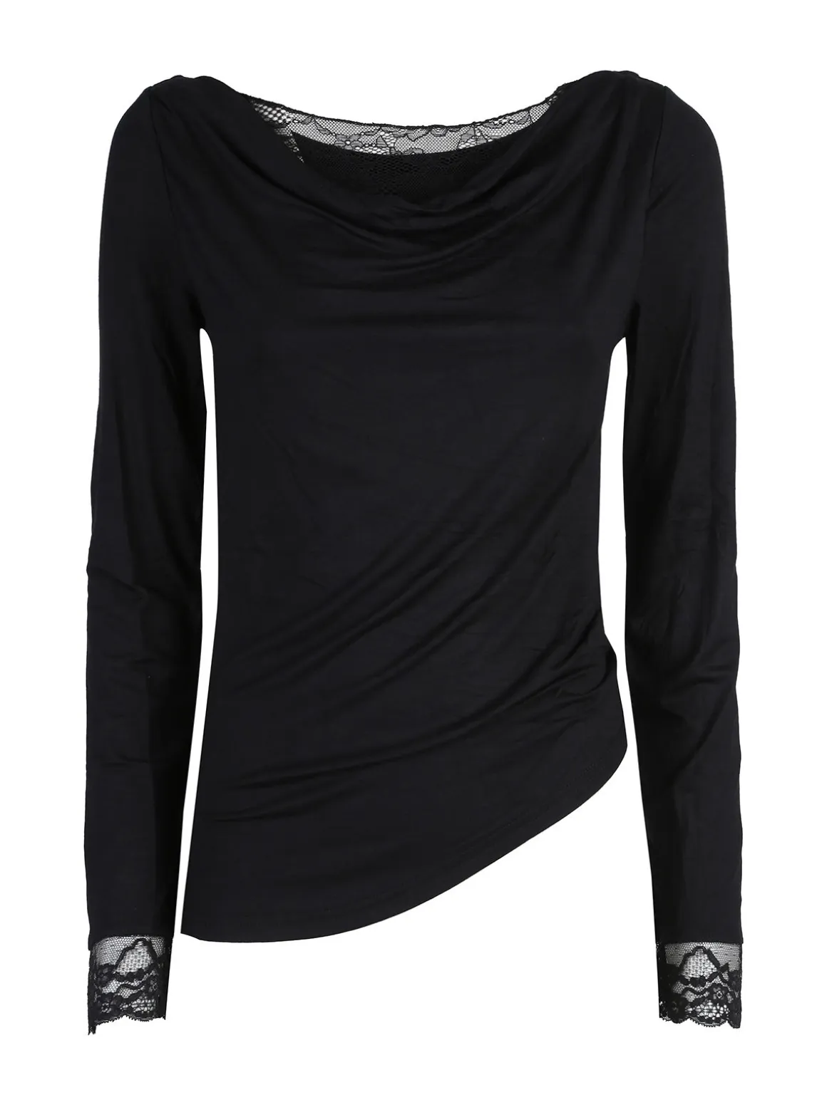 Solada T-shirt donna a maniche lunghe con doppio scollo e dettagli in pizzo - nero