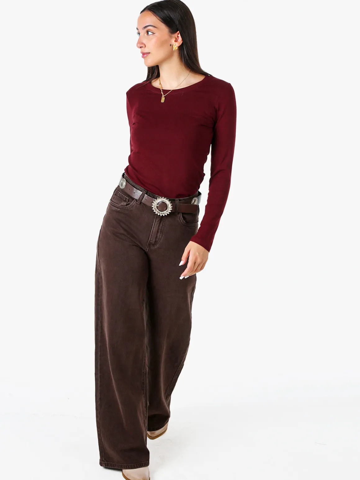 Solada T-shirt donna a maniche lunghe con scollo tondo - bordeaux