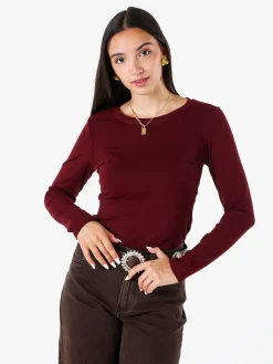 Solada T-shirt donna a maniche lunghe con scollo tondo - bordeaux