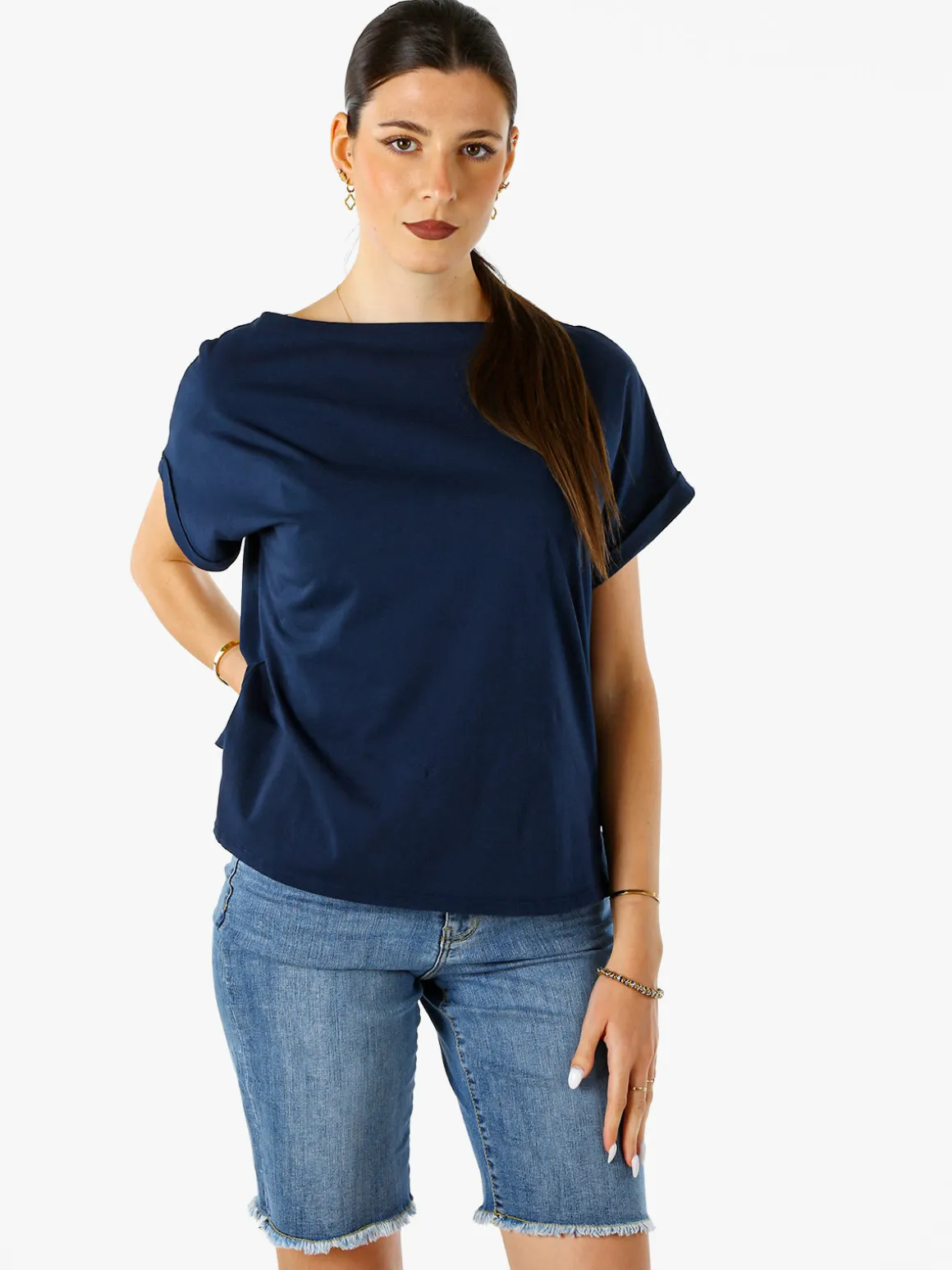 Solada T-shirt donna in cotone con scollo a barca - blu scuro