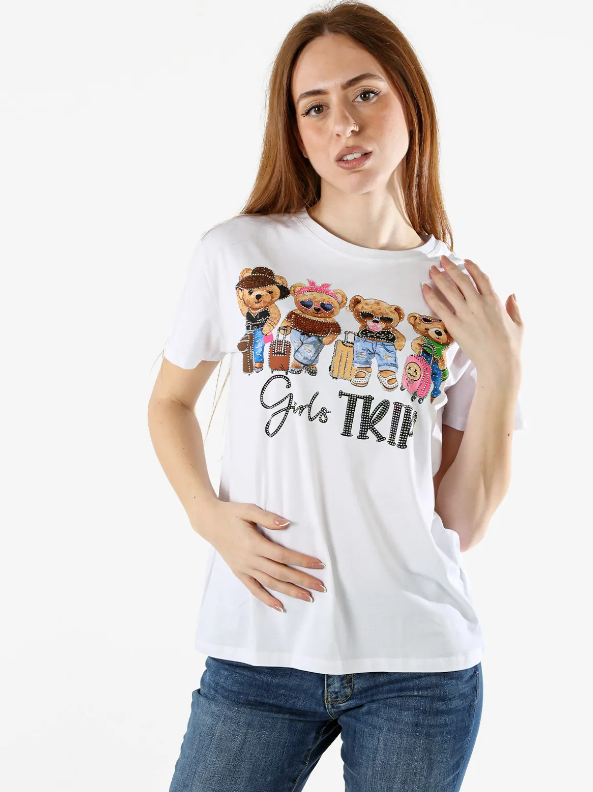 Solada T-shirt donna in cotone con stampa orsacchiotti e strass - marrone