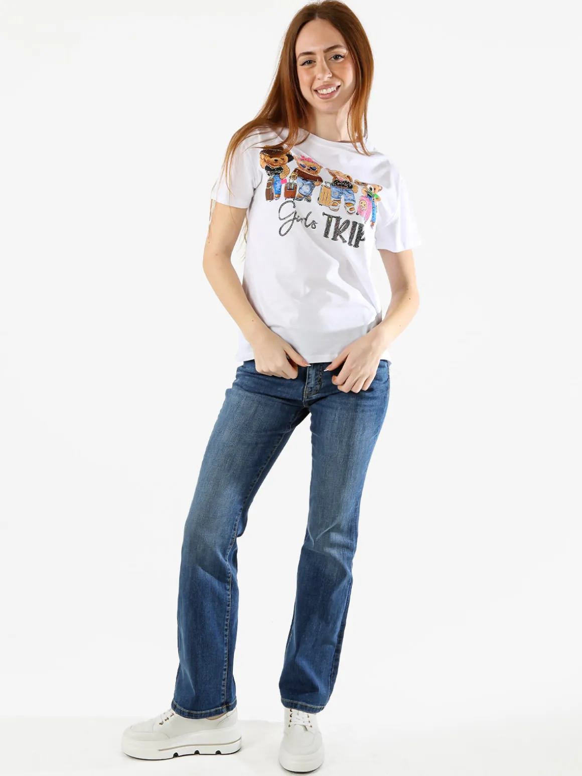 Solada T-shirt donna in cotone con stampa orsacchiotti e strass - marrone