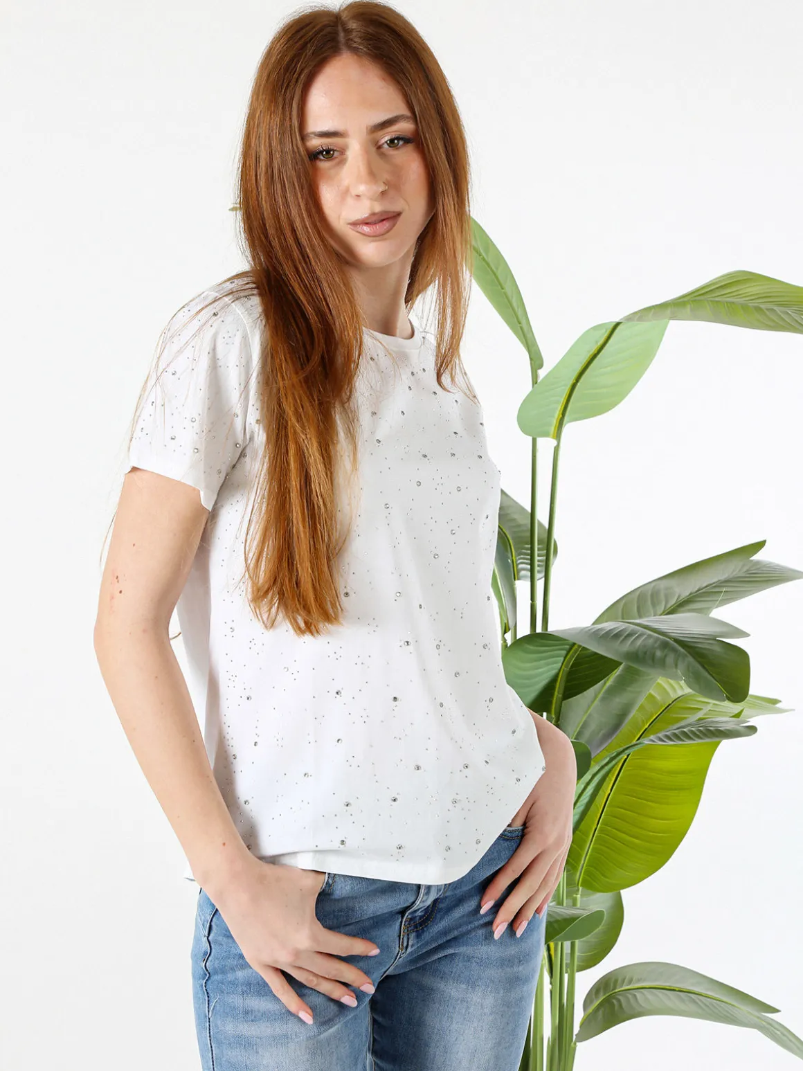 Solada T-shirt donna in cotone con strass - bianco