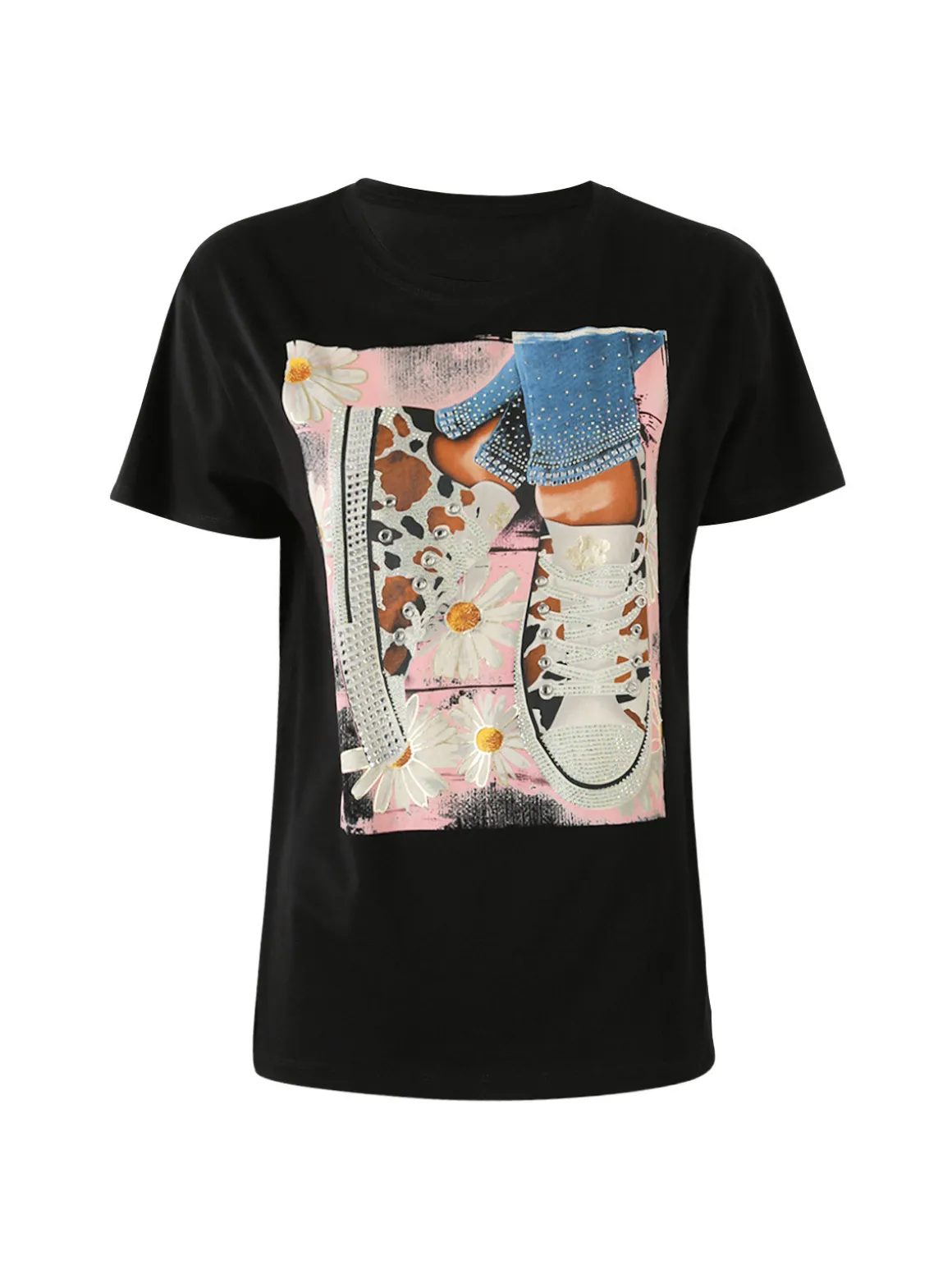 Solada T-shirt donna in cotone con stampa orsacchiotti e strass - nero