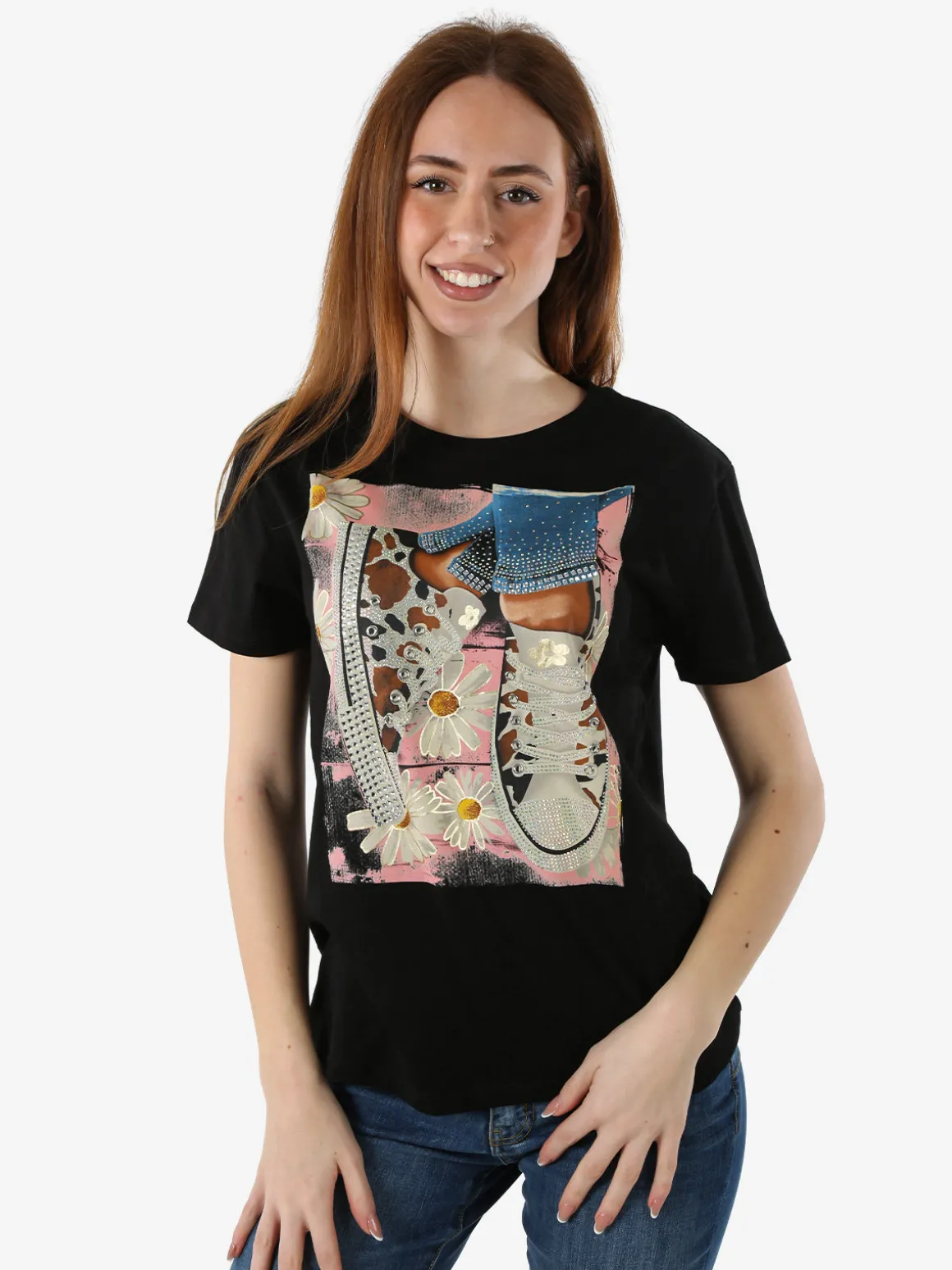 Solada T-shirt donna in cotone con stampa orsacchiotti e strass - nero