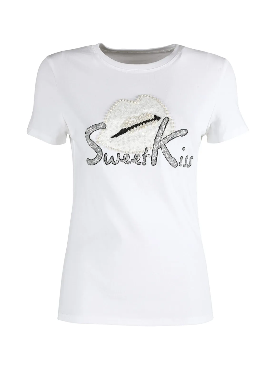 Solada T-shirt donna in cotone con paillettes e perle