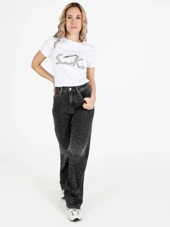 Solada T-shirt donna in cotone con paillettes e perle