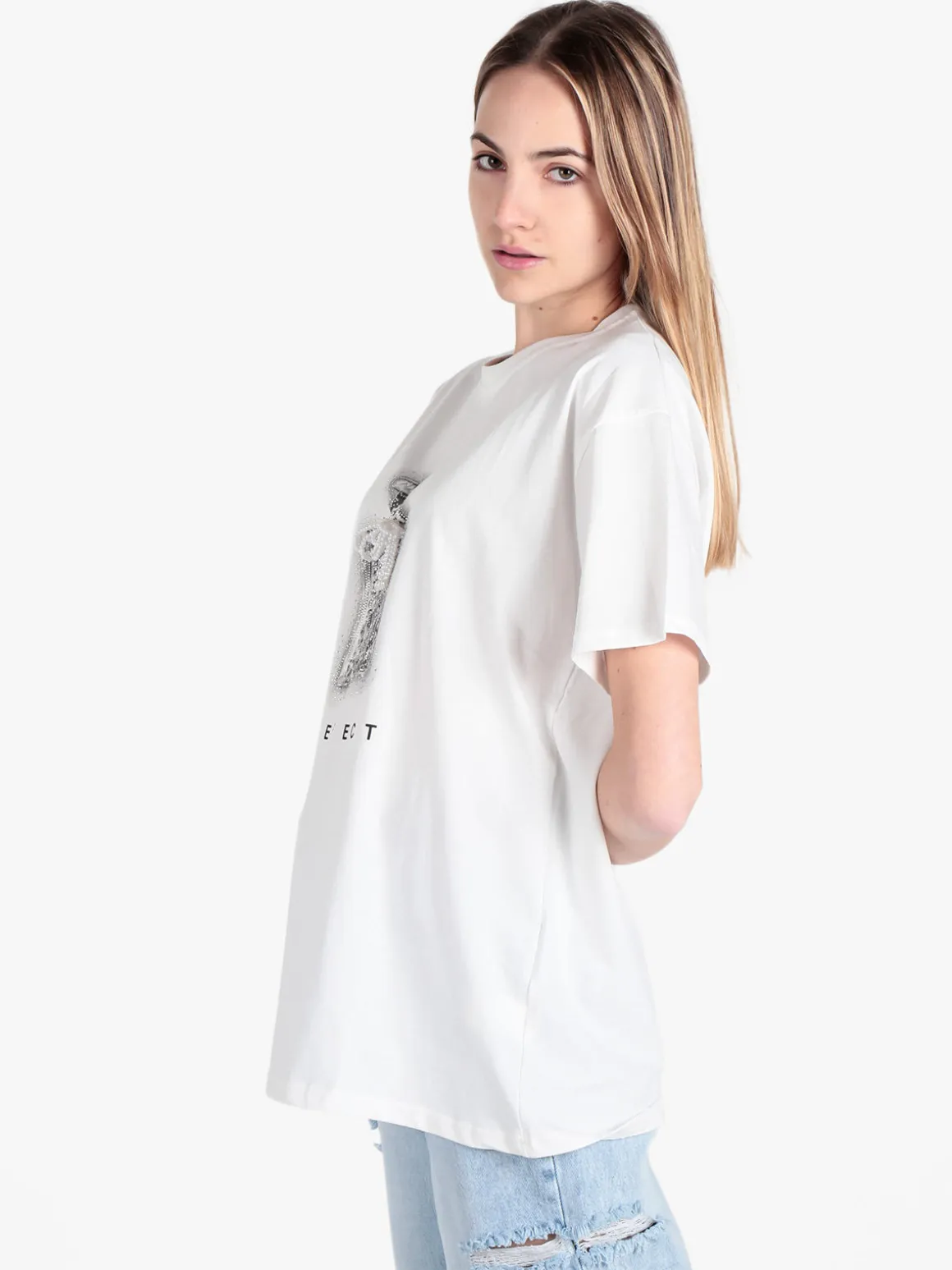 Solada T-shirt donna in cotone con stampa e strass decorativi