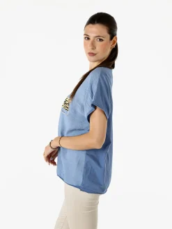 Solada T-shirt donna in misto cotone con maniche a pipistrello e micro borchie - blu