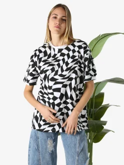 Solada T-shirt donna oversize con stampe geometriche bicolore e taschino sulla manica - bianco