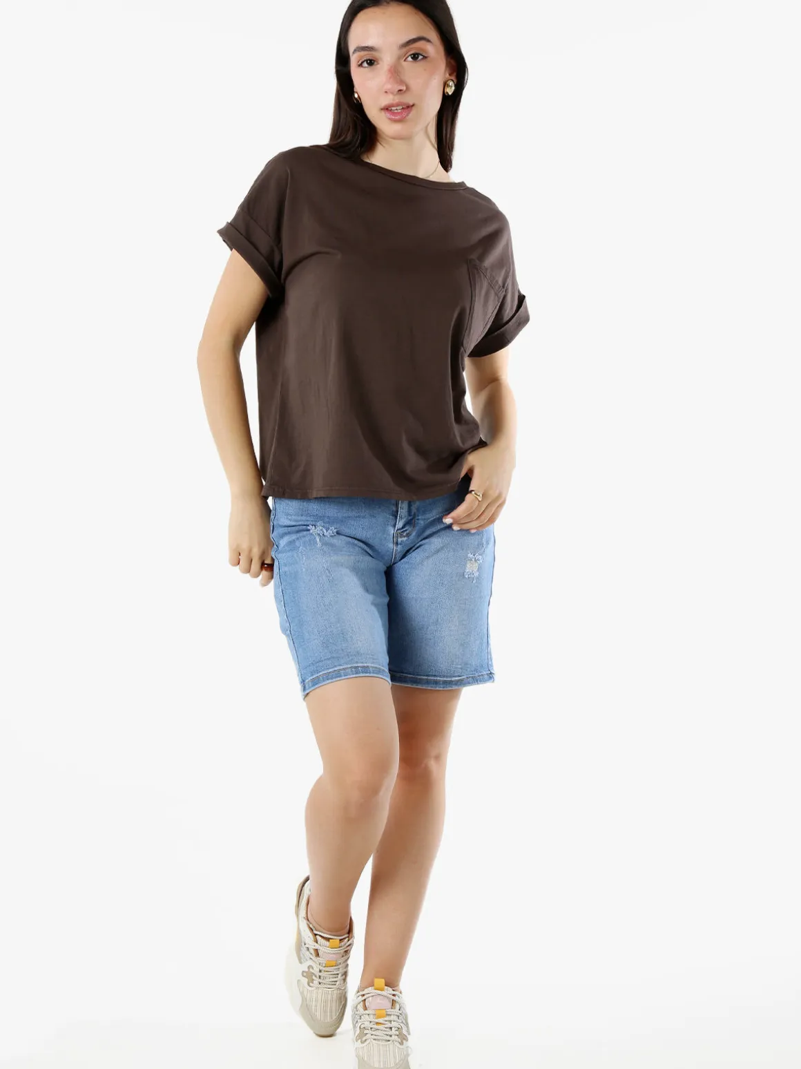 Solada T-shirt donna oversize in cotone con taschino - moro