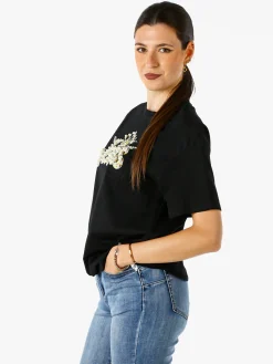 Solada T-shirt donna oversize in cotone con dettagli di perle e strass - nero