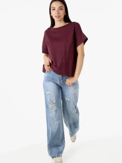 Solada T-shirt donna oversize in cotone con taschino - bordeaux