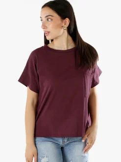 Solada T-shirt donna oversize in cotone con taschino - bordeaux