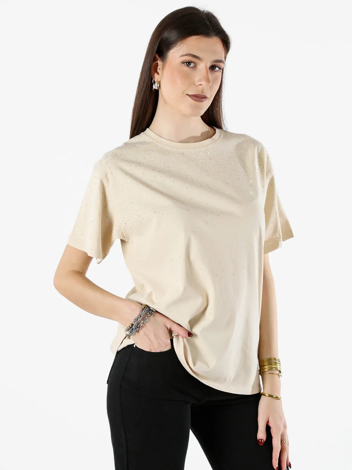 Solada T-shirt donna oversize con strass - beige
