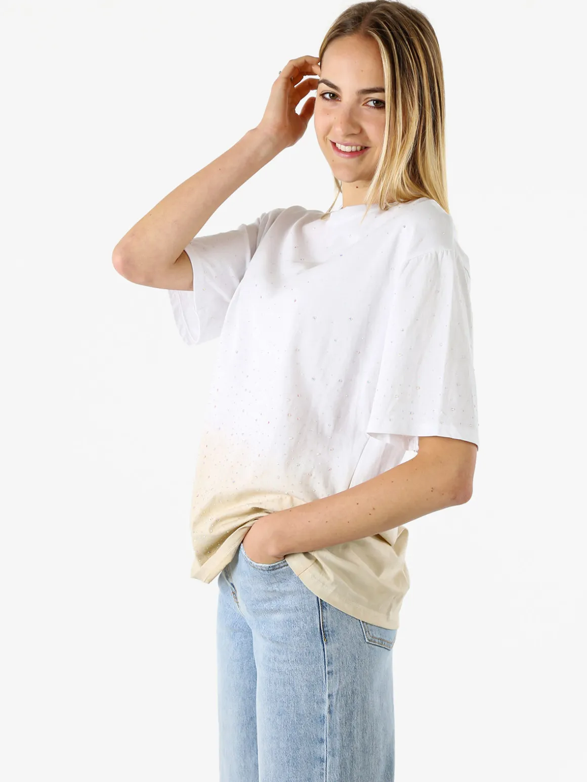 Solada T-shirt donna oversize con strass e sfumatura - beige