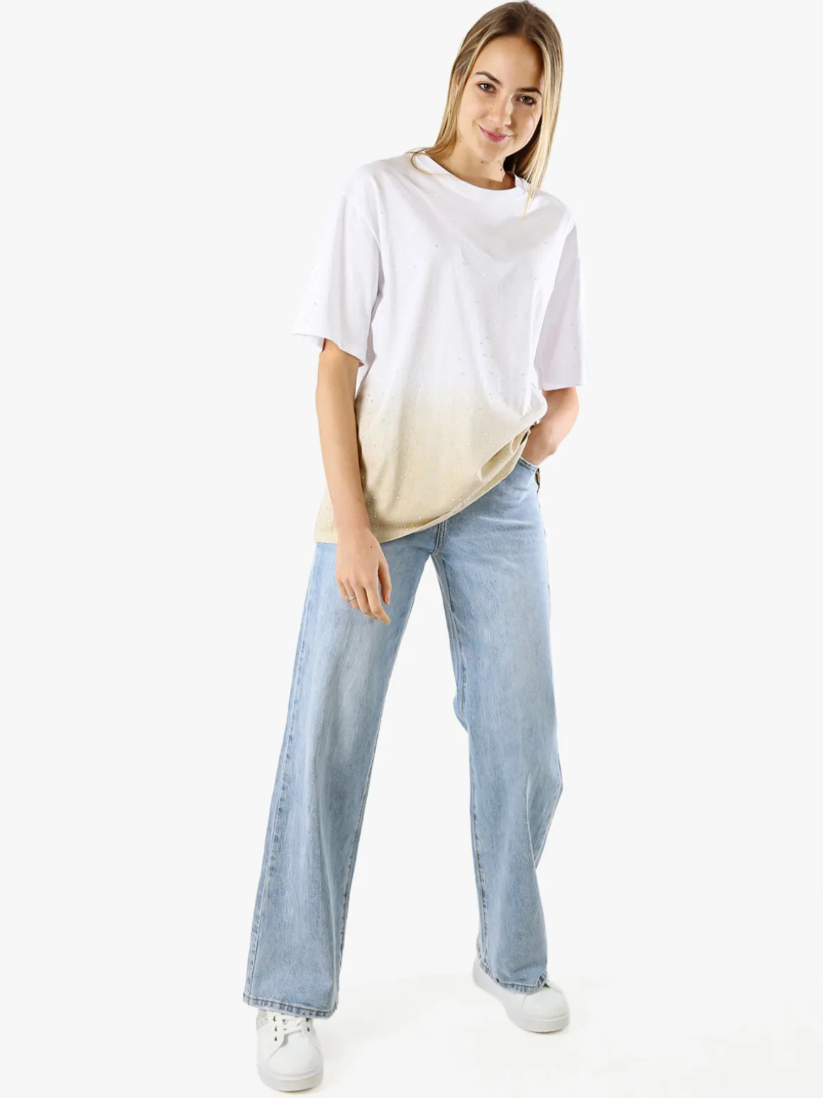 Solada T-shirt donna oversize con strass e sfumatura - beige