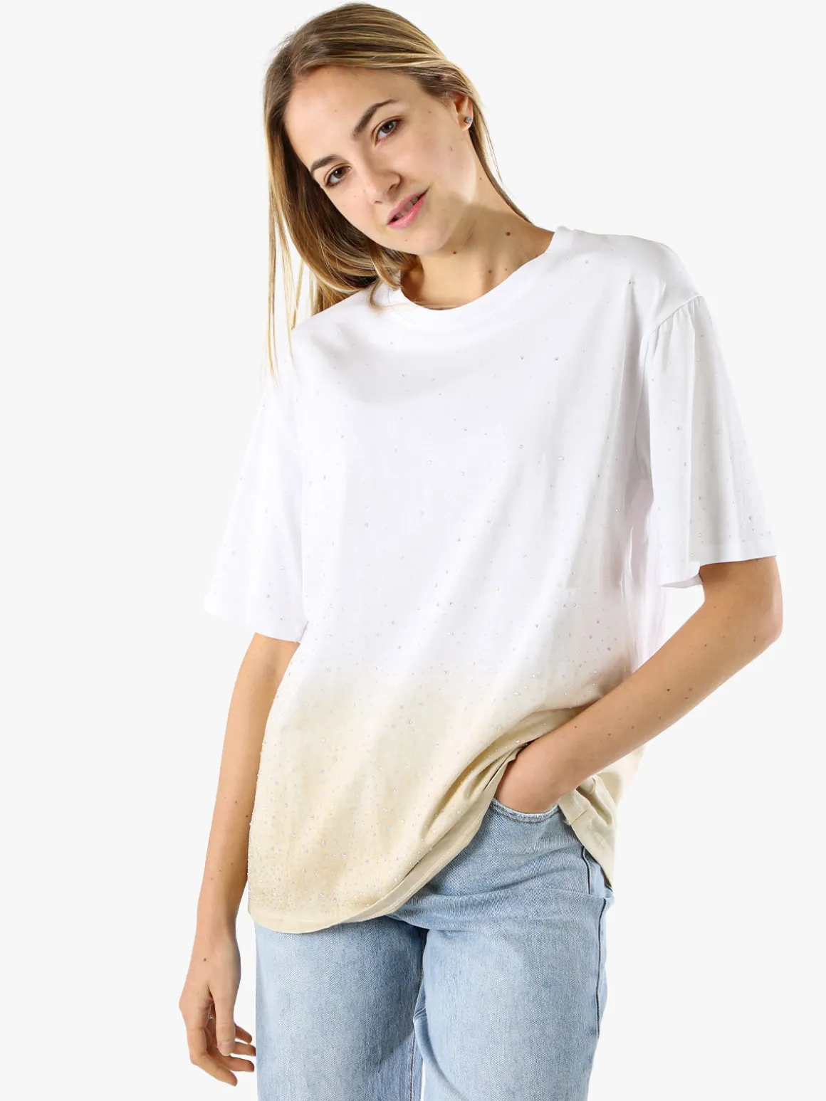 Solada T-shirt donna oversize con strass e sfumatura - beige