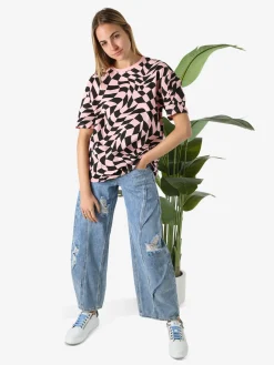 Solada T-shirt donna oversize con stampe geometriche bicolore e taschino sulla manica - rosa