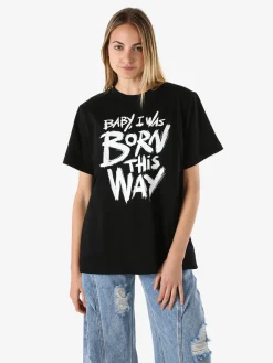 Solada T-shirt donna oversize con spalline imbottite e stampa - nero