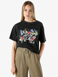 Solada T-shirt oversize da donna in cotone con stampa fiori - nero