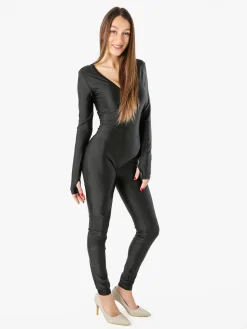 Solada Tuta jumpsuit da donna a maniche lunghe con scollo a V - nero