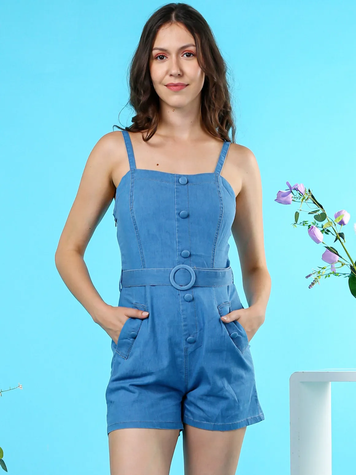 Solada Tuta jumpsuite da donna in jeans con cintura - blu
