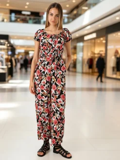Solada Tuta jumpsuite da donna con stampa floreale e maniche corte - nero