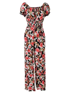 Solada Tuta jumpsuite da donna con stampa floreale e maniche corte - nero
