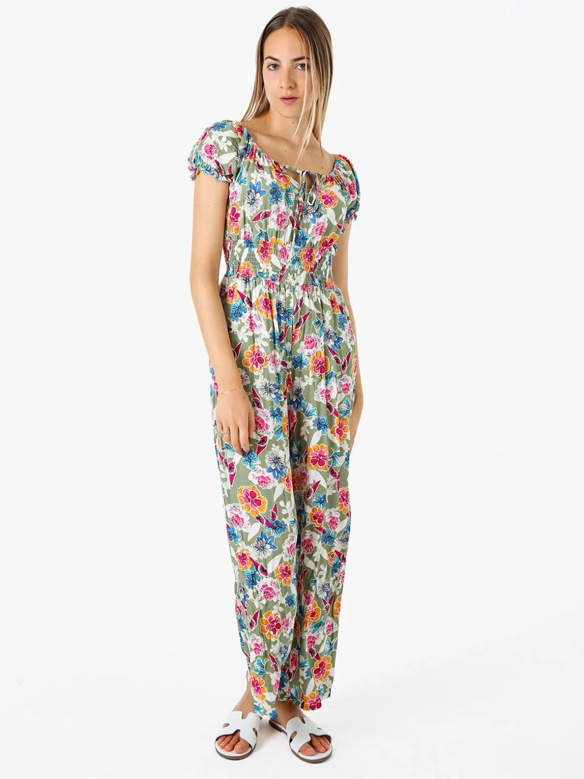 Solada Tuta jumpsuite da donna con stampa floreale e maniche corte - verde