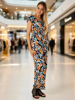Solada Tuta jumpsuite da donna con stampa floreale e maniche corte - blu scuro