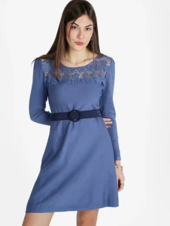 Solada Vestito da donna a maniche lunghe con scollo in pizzo macramè