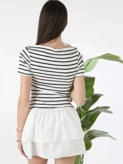 Solada Vestito donna a maniche corte con stampa a righe e gonna svasata - bianco