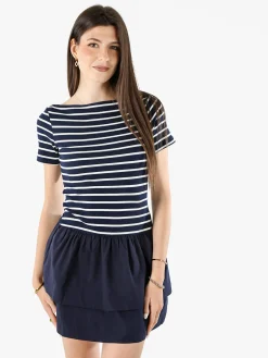 Solada Vestito donna a maniche corte con stampa a righe e gonna svasata - blu scuro