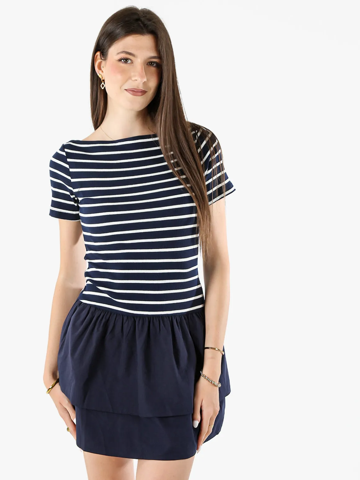Solada Vestito donna a maniche corte con stampa a righe e gonna svasata - blu scuro