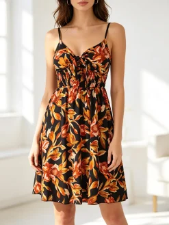 Solada Vestito donna floreale con spalline strette e coppe imbottite - nero