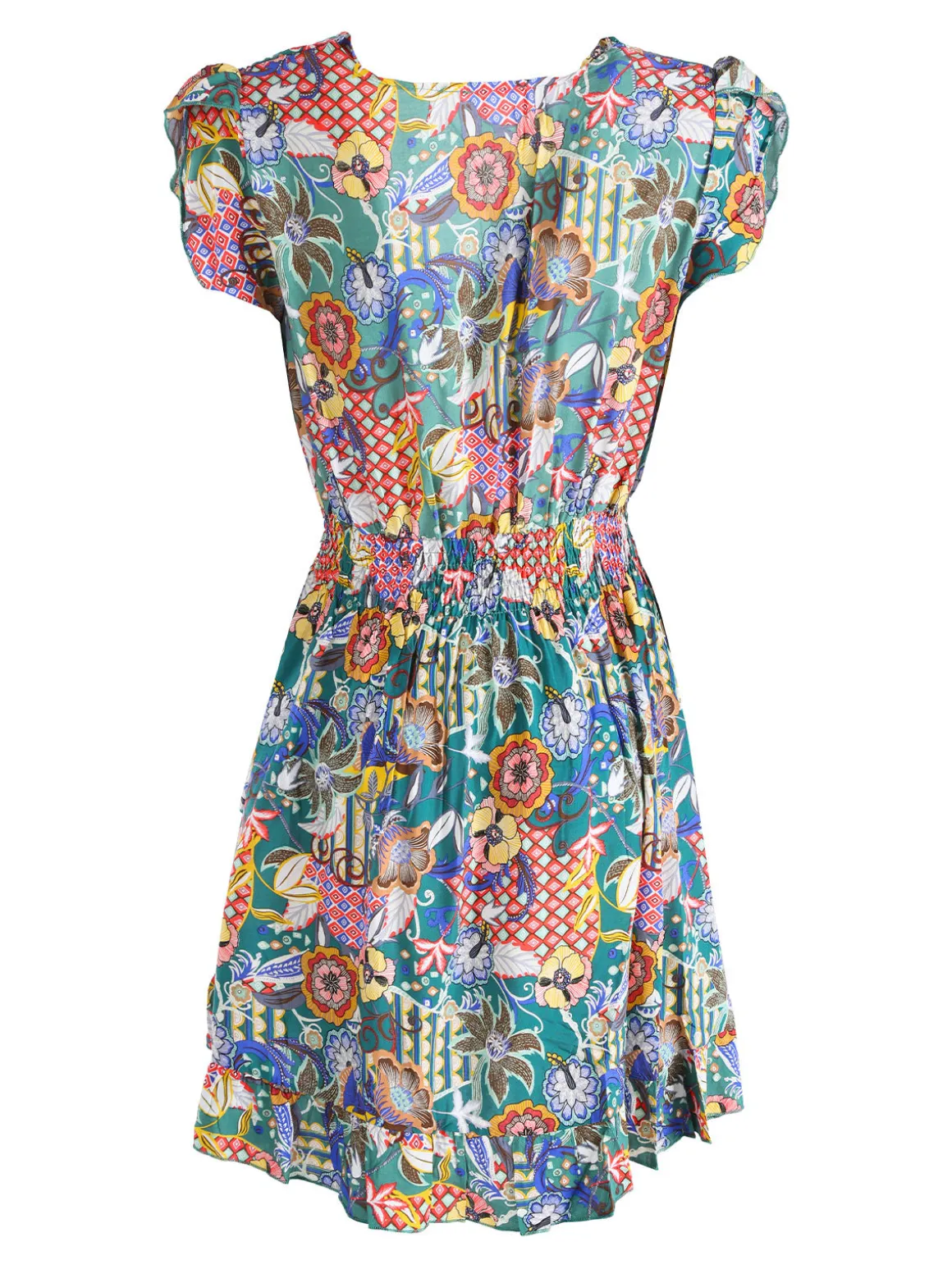 Solada Vestito donna in cotone a maniche corte con stampe colorate - verde