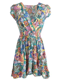 Solada Vestito donna in cotone a maniche corte con stampe colorate - verde