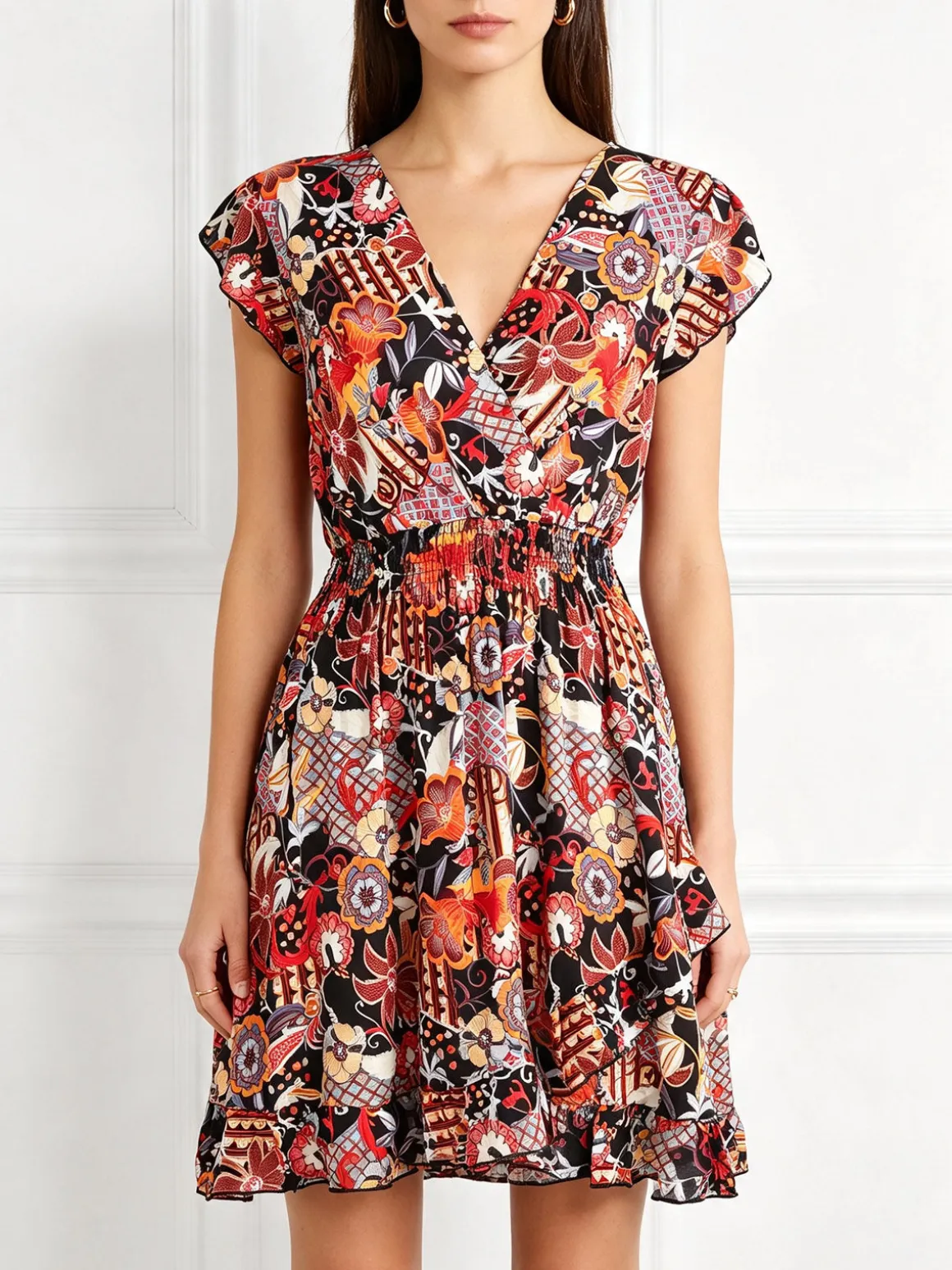 Solada Vestito donna in cotone a maniche corte con stampe colorate - nero