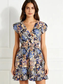 Solada Vestito donna in cotone a maniche corte con stampe colorate - blu