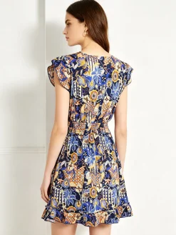 Solada Vestito donna in cotone a maniche corte con stampe colorate - blu