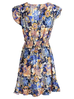 Solada Vestito donna in cotone a maniche corte con stampe colorate - blu