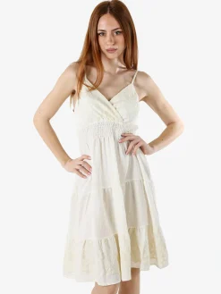 Solada Vestito donna in viscosa con spalline strette e ricami con lurex - panna