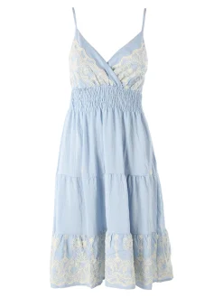 Solada Vestito donna in viscosa con spalline strette e ricami con lurex - azzurro