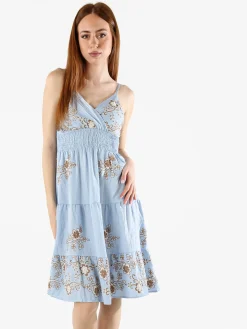 Solada Vestito donna in viscosa con spalline strette e ricami floreali - azzurro