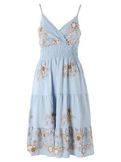 Solada Vestito donna in viscosa con spalline strette e ricami floreali - azzurro